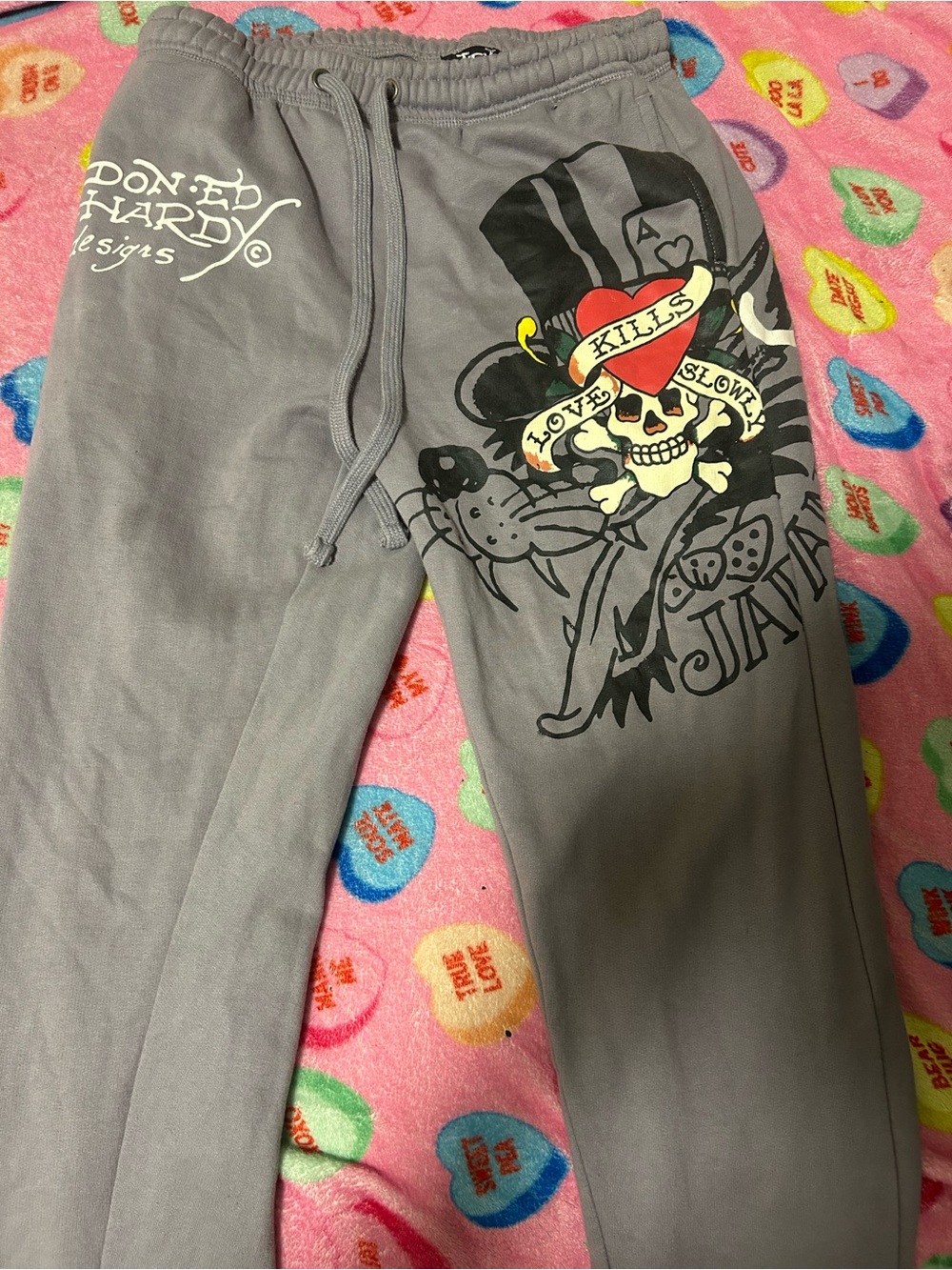 Ed Hardy Gray Skull & Heart Graphic Sweatpants